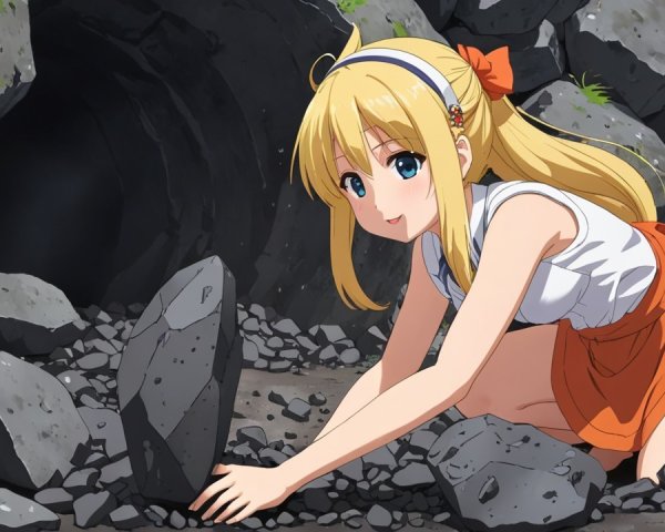 Cheerful girl exploring a cave entrance in nature