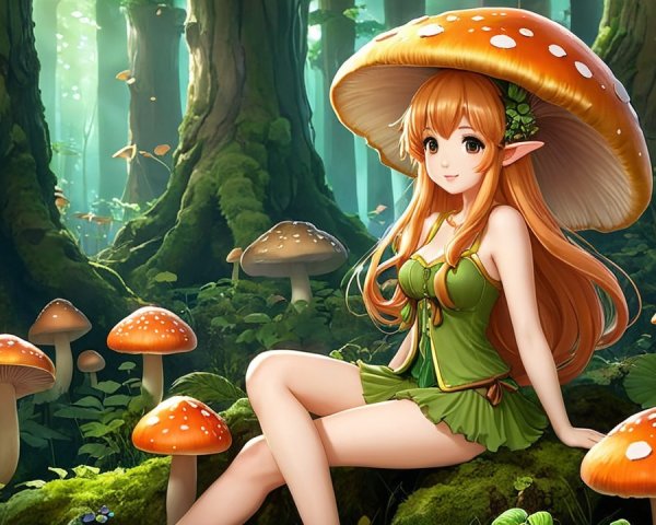 Young woman in enchanted forest with mushrooms and sunlight