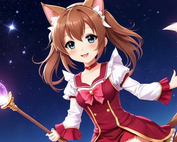 Cheerful anime character with cat features under stars