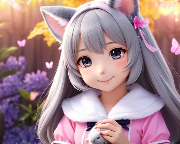 Cute anime character with silver hair and cat ears