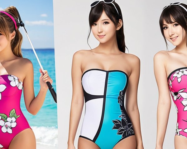 Colorful Swimsuits Showcased by Three Individuals
