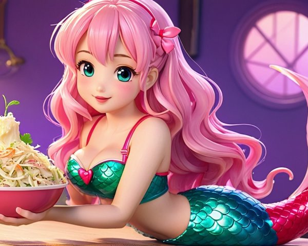 Animated Mermaid with Pink Hair in Cozy Kitchen