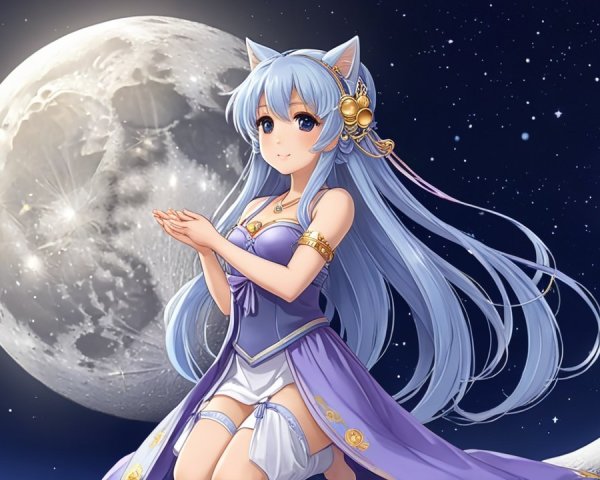 Serene Character with Blue Hair Under Starry Sky