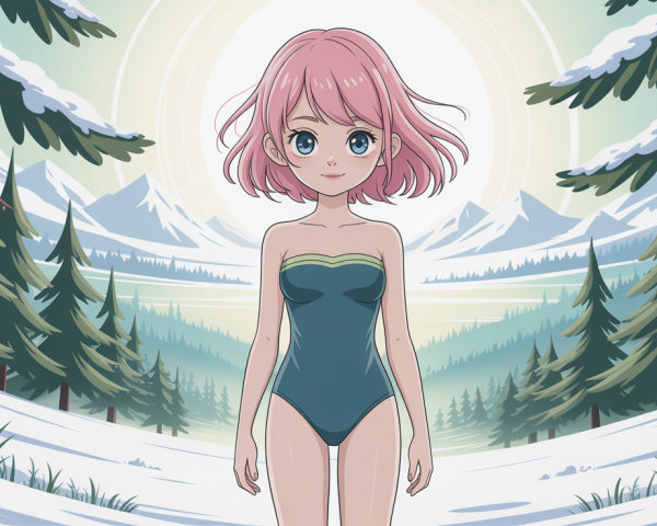 Cheerful anime girl in teal swimsuit in snowy forest