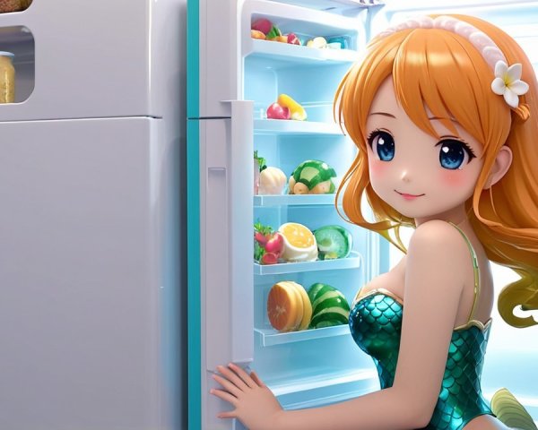 Cheerful Anime Girl in Colorful Kitchen with Fridge