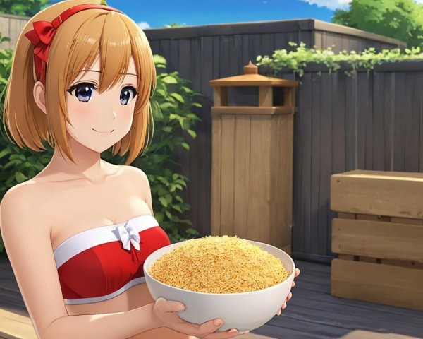 Cheerful woman in bikini with bowl of grains outdoors