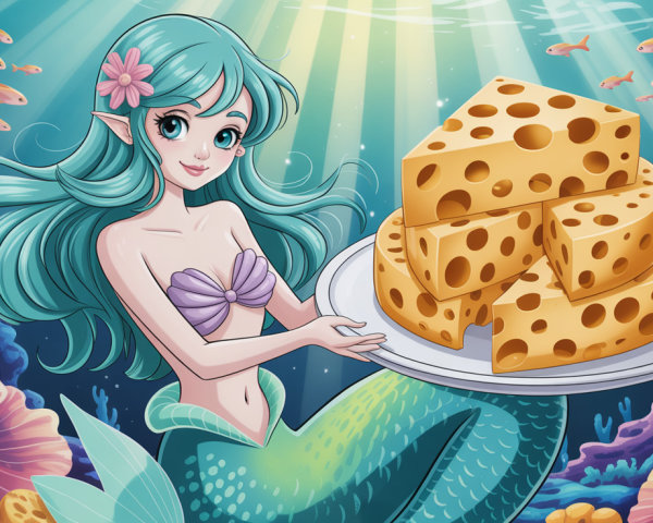 Mermaid with Swiss Cheese in Underwater Scene
