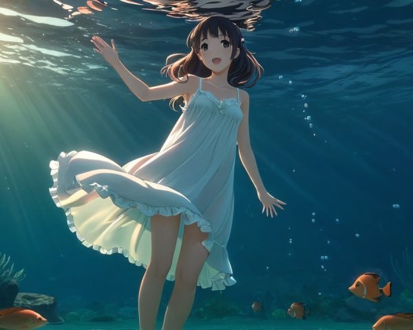 Underwater Scene of Girl in White Dress with Fish