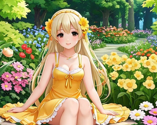 Young girl in yellow dress among vibrant garden blooms
