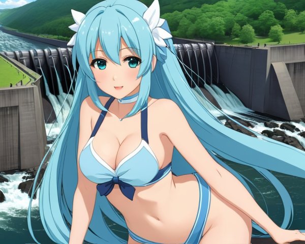 Character with Blue Hair by a Waterfall Scene