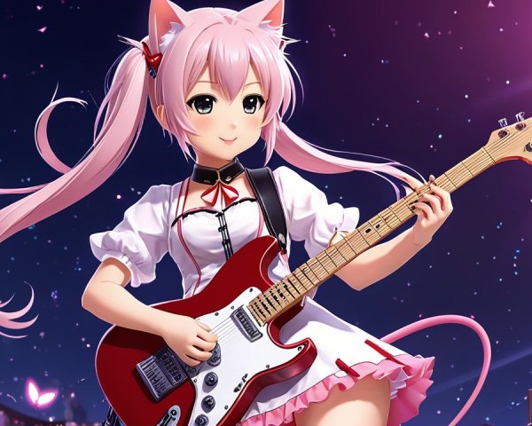 Cheerful Anime Girl with Cat Ears Playing Guitar