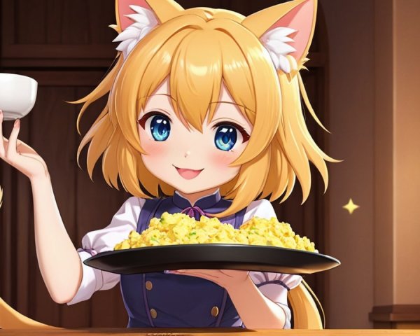 Cheerful Cat-Girl in Cozy Kitchen with Rice Platter