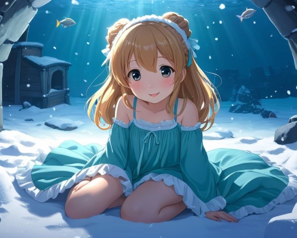 Cheerful girl in light blue dress on ocean floor