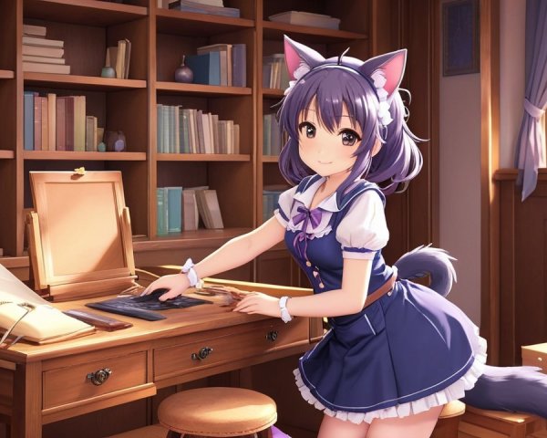 Cozy Library Scene with Purple-Haired Character