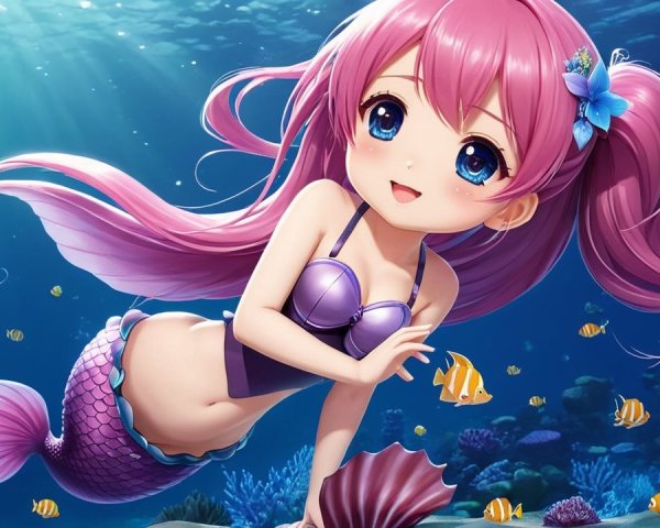 Anime-style mermaid in vibrant underwater scene