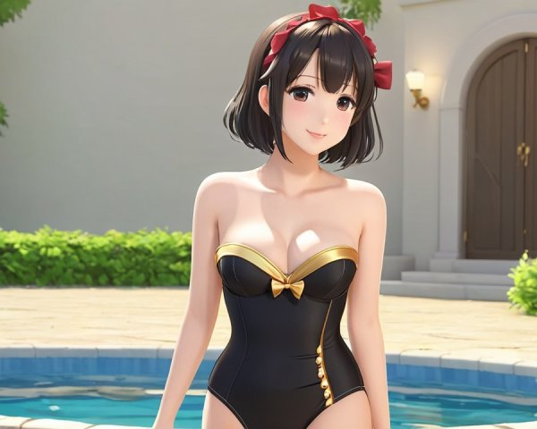 Anime Character by Pool in Stylish Black Swimsuit
