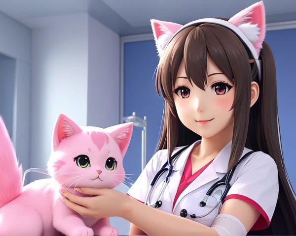 Cheerful Anime Character in Veterinary Clinic Setting