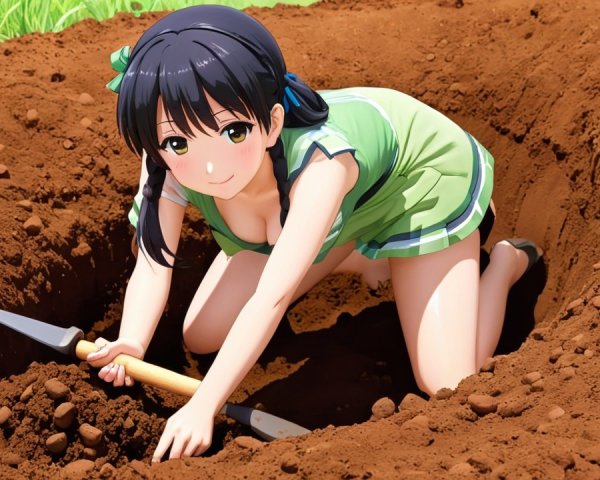 Young girl digging in earth with small shovel outdoors