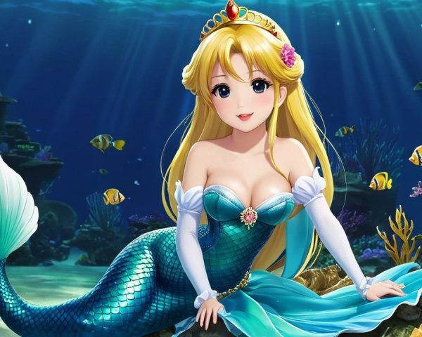 Animated Mermaid Surrounded by Coral and Fish