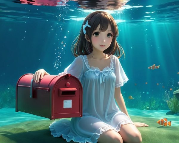 Young girl underwater with vibrant fish and mailbox