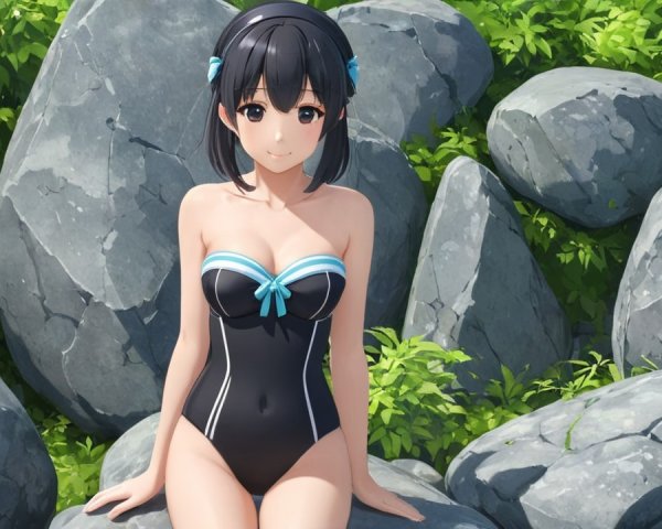 Young Woman in Black Swimsuit Among Lush Greenery