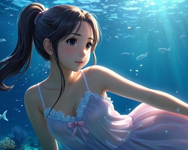 Young girl swimming in a serene underwater scene