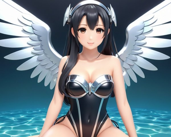 Stylized fantasy character with wings on shimmering surface