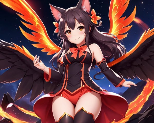 Fantasy Character with Feline Features and Fiery Wings