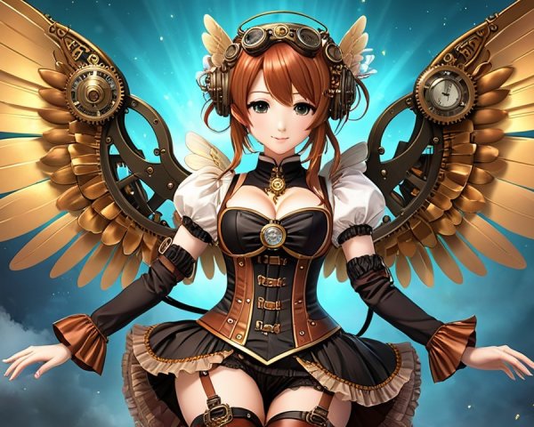 Steampunk Character with Mechanical Wings and Corset Outfit