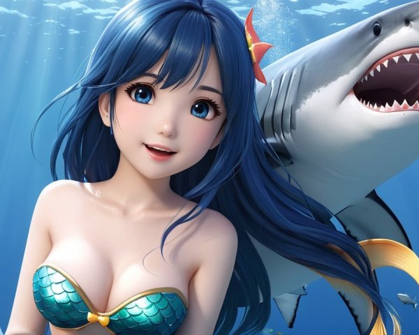 Underwater Scene with Mermaid and Shark Encounter