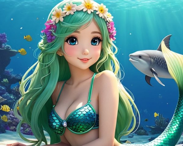 Whimsical Underwater Scene with a Colorful Mermaid