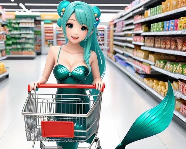 Mermaid in Grocery Aisle with Colorful Products