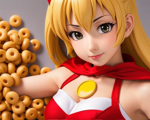 Anime Character in Red Cape Surrounded by Doughnuts