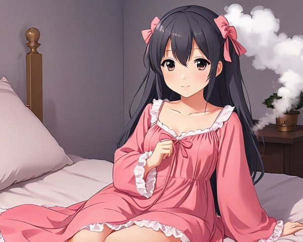 Young girl in pink nightgown on a cozy bed
