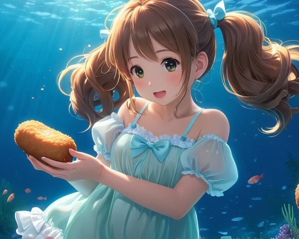 Young girl in blue dress smiles underwater with fish