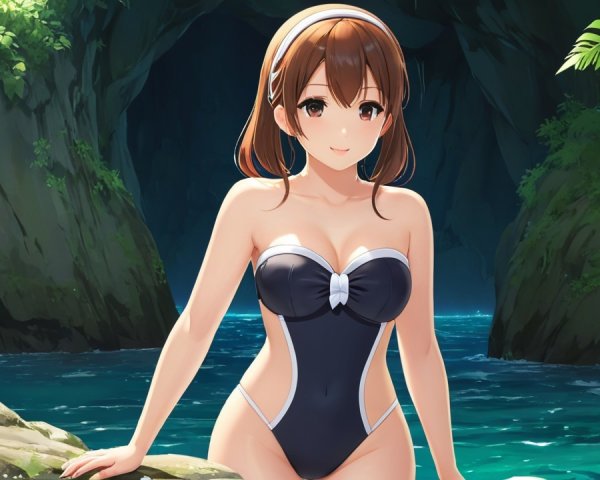 Young woman in black swimsuit by tranquil water pool