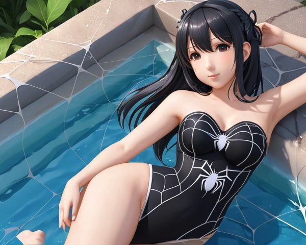 Character by Pool in Black Swimsuit with Web Patterns