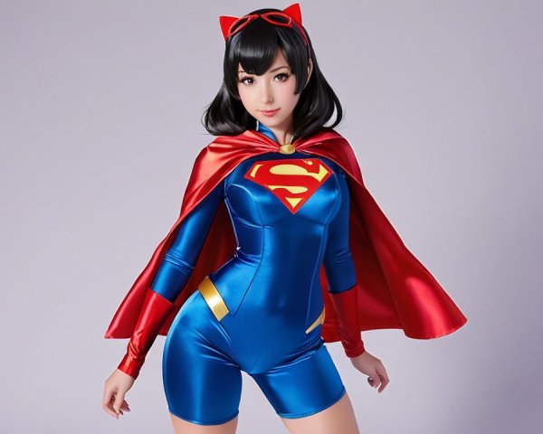 Modern Superhero Character in Blue Jumpsuit and Cape