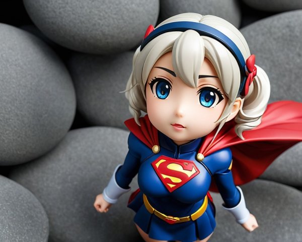Chibi Superheroine Figure on Gray Pebbles Background