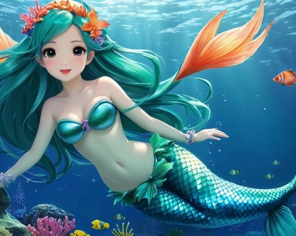 Vibrant Underwater Scene with a Charming Mermaid