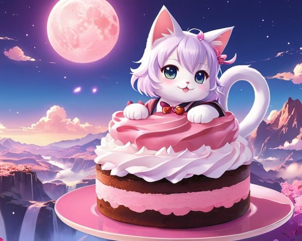 Cartoon Cat in Pink Cake with Dreamy Landscape