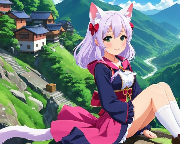 Anime Character with Cat Ears Overlooking Valley