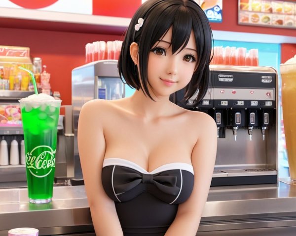 Young woman in stylish outfit at vibrant diner setting