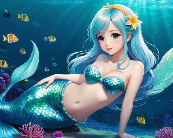 Mermaid on Coral Reef with Colorful Fish and Corals