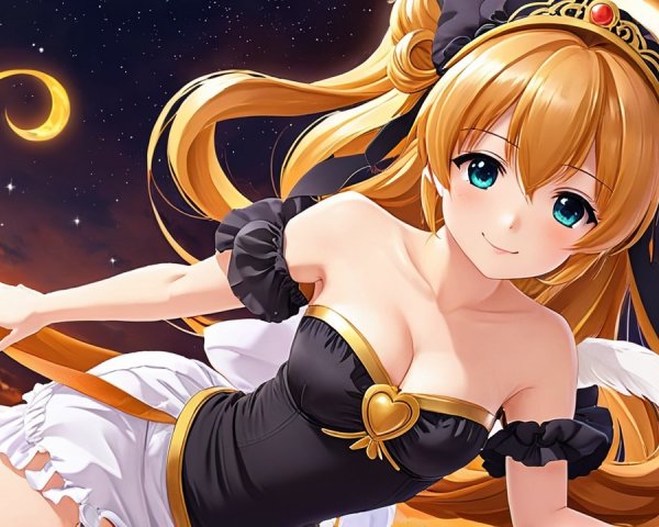 Cheerful anime character in a starry sky setting