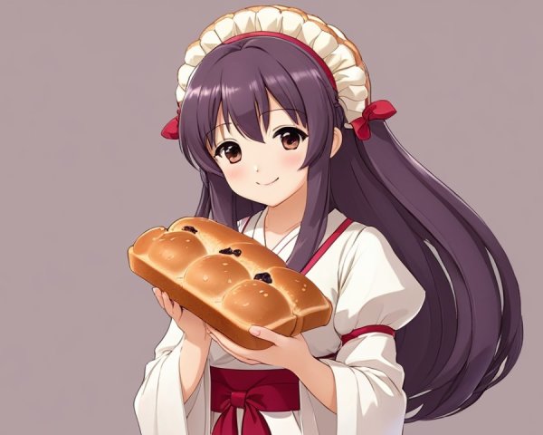 Cheerful anime girl in traditional outfit with bread
