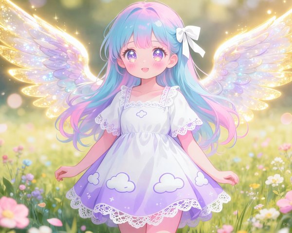 Anime angel girl with pastel rainbow hair and wings