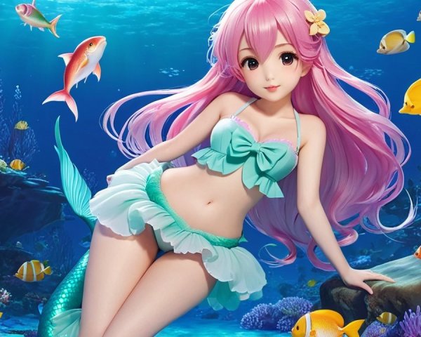Vibrant Underwater Scene with Whimsical Mermaid