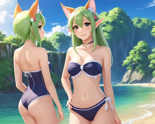 Fantasy Character with Green Hair on Sunny Beach