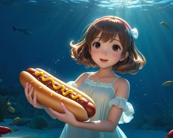 Underwater Scene with Girl and Hot Dog in Sunlight